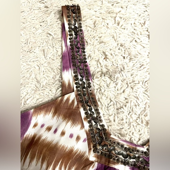 TRINA TURK purple brown white tie die sleeveless beaded shirt top blouse small s - Picture 2 of 6